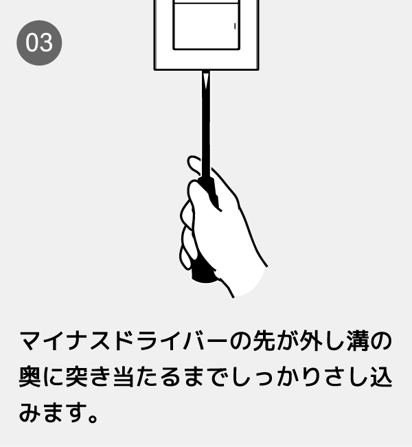 マイナスドライバーの先が外し溝の奥に突き当たるまでしっかりさし込みます。