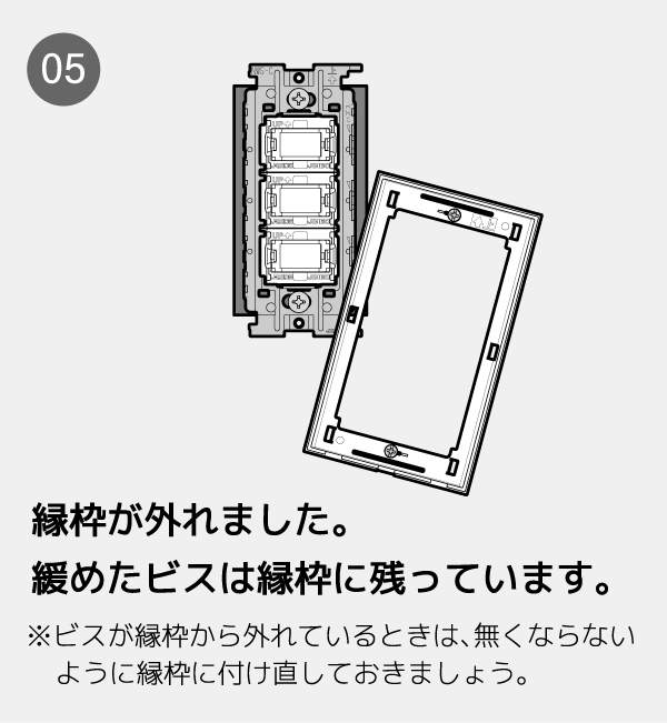 縁枠が外れました。緩めたビスは縁枠に残っています。