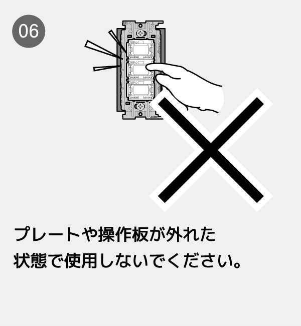 プレートや操作板が外れた状態で使用しないでください。