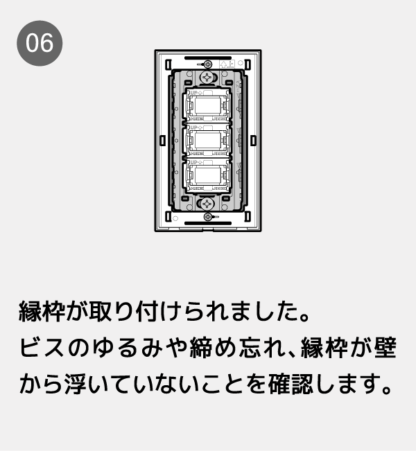 縁枠が取り付けられました。ビスのゆるみや締め忘れ、縁枠が壁から浮いていないことを確認します。