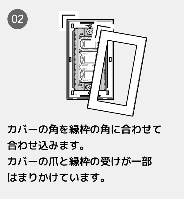 カバーの角を縁枠の角に合わせて合わせ込みます。カバーの爪と縁枠の受けが一部はまりかけています。